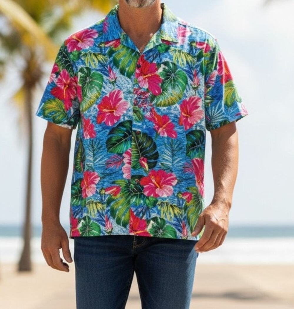 HAPPY BAY Hawaiian Shirt Mens Medium Button Down Tropical Blue Green Red Aloha